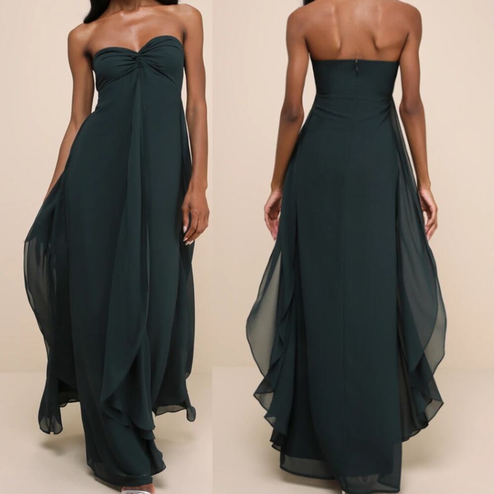 LULU'S M Intricate Perfection Emerald Green Strapless Ruffle Maxi Dress